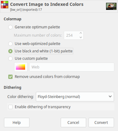 GIMP settings to dither and black and white