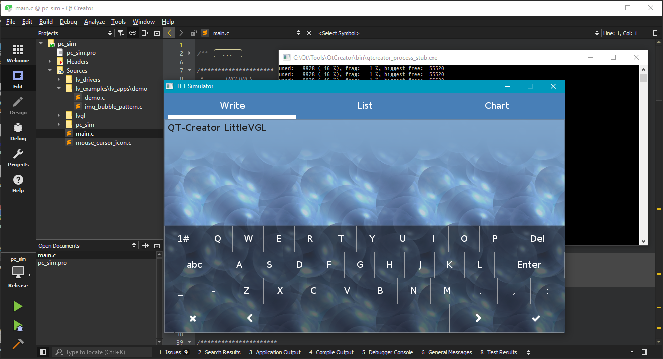 Qt-Creator running LittlevGL demo in PC simulator